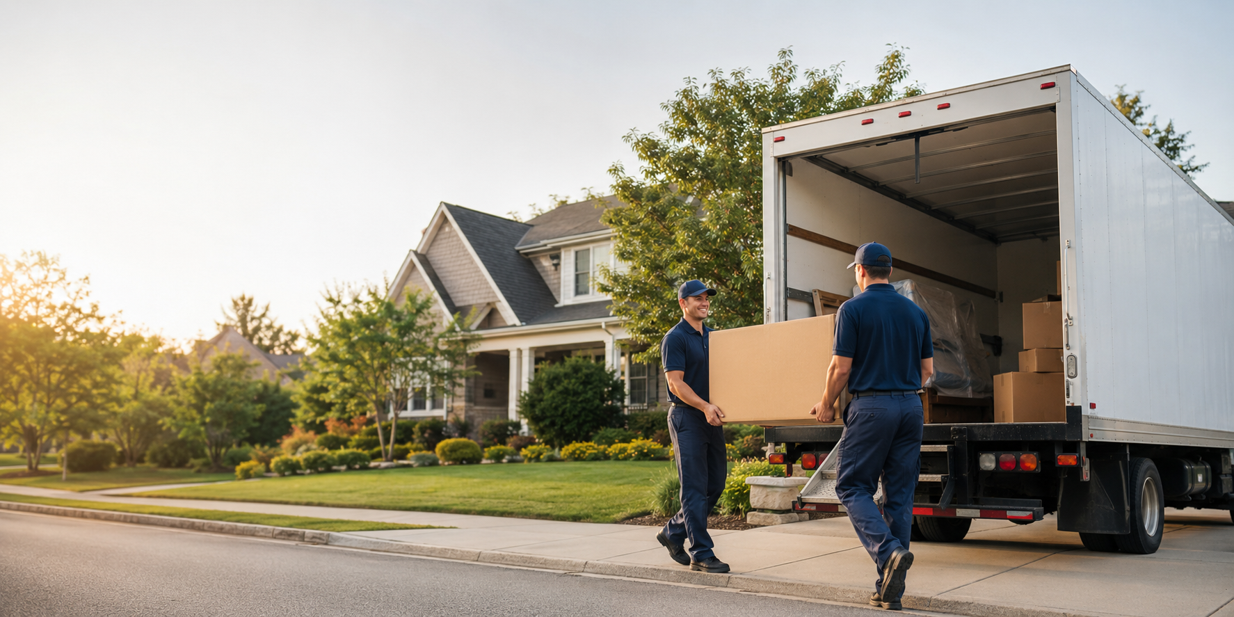 Professional movers loading a box truck at a New Jersey home